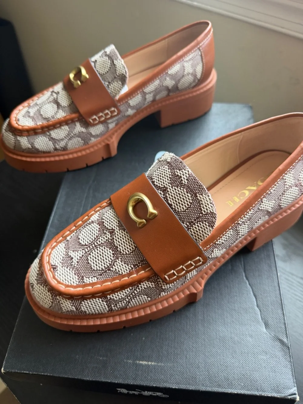 Coach Brown/Tan Signature Canvas Leather Loafers with Gold C Hardware - Picture 2 of 8